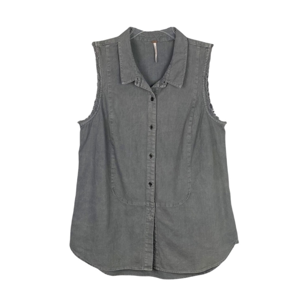 Free People | Boho Linen Blend Sleeveless Gray Button-Down Top Size Medium
